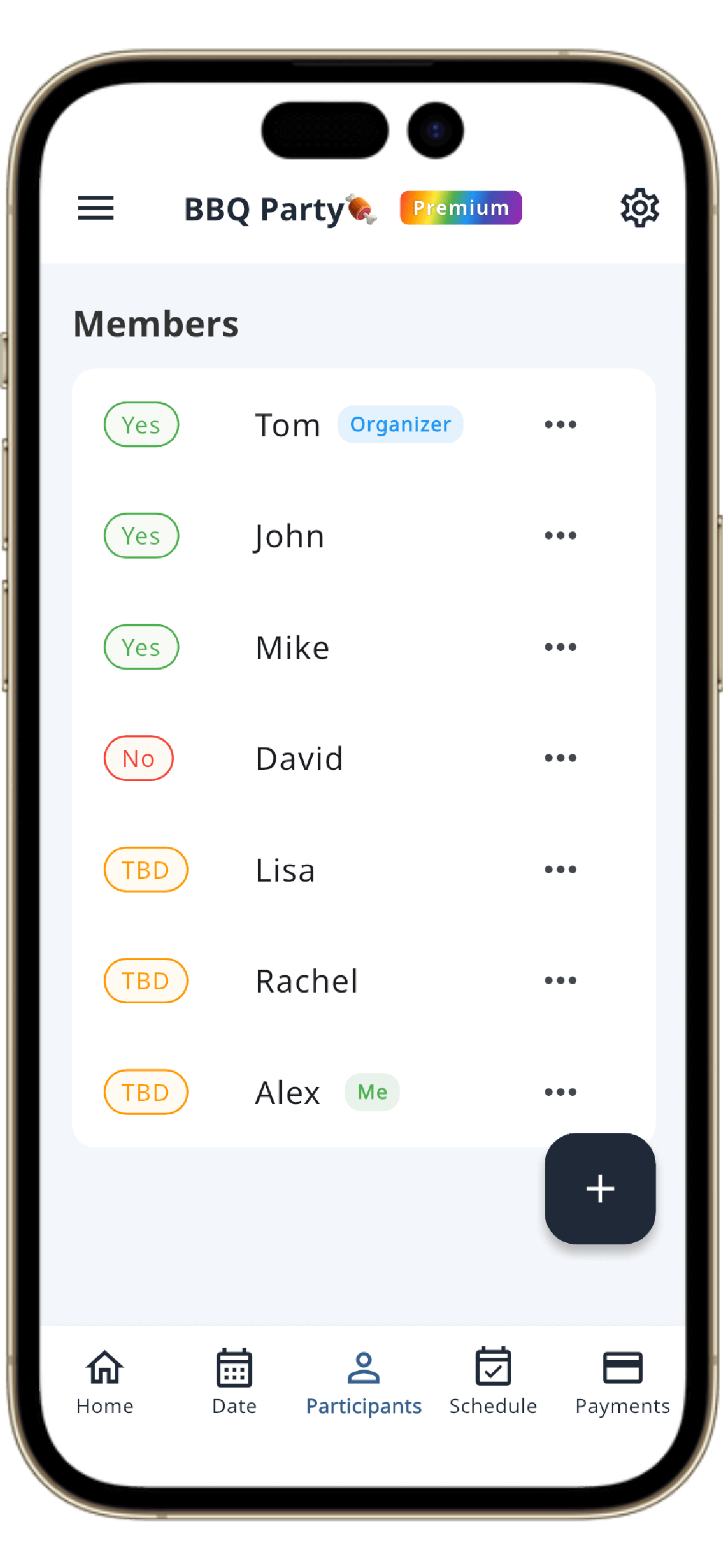 Participant management screen