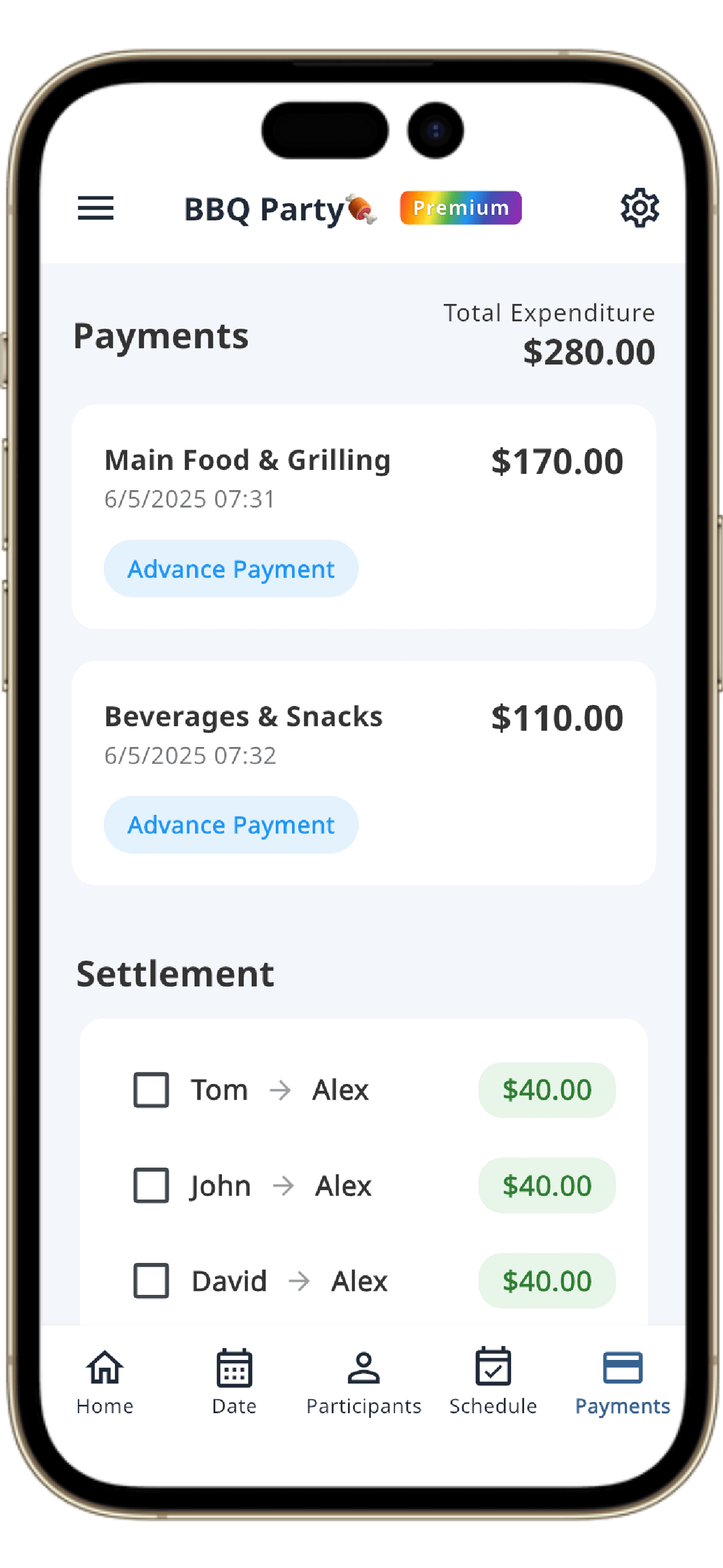 Expense management screen