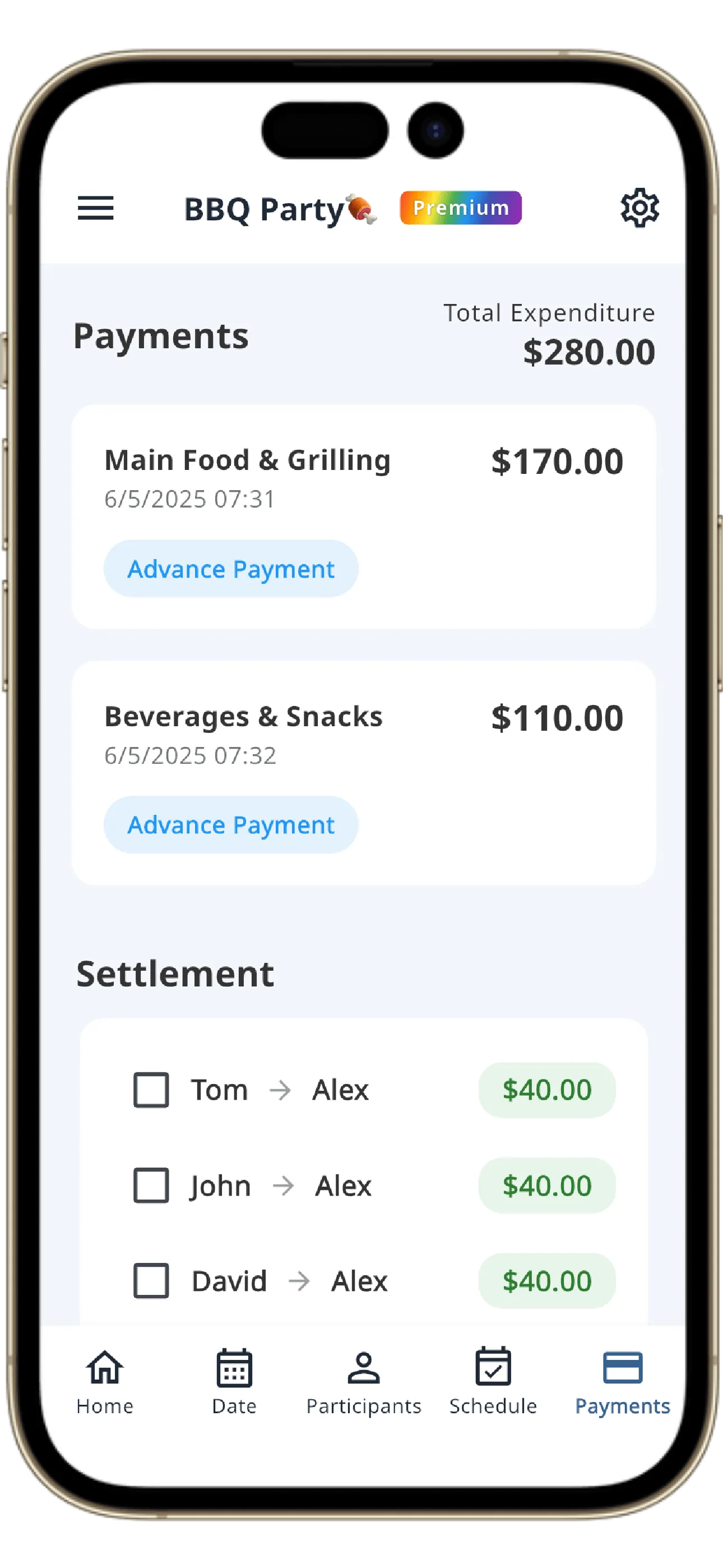 Payment management screen